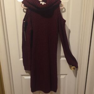 Active USA Maroon Cold Shoulder Turtleneck Sweater Dress